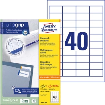 Buy your Avery Zweckform 3657-2, Universele etiketten, Ultragrip, wit, 200 vel, 40 per vel, ft 48,5 x 25,4 mm at Supplierz BV