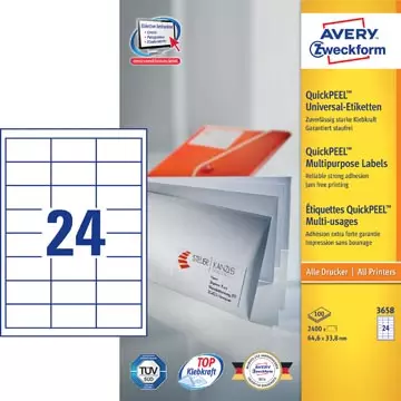 Een Avery Zweckform 3658, Universele etiketten, Ultragrip, wit, 100 vel, 24 per vel, 64,6 x 33,8 mm koop je bij ShopXPress