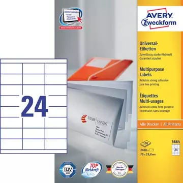 Een Avery Zweckform 3664, Universele etiketten, Ultragrip, wit, 100 vel, 24 per vel, 70 x 33,8 mm koop je bij ShopXPress
