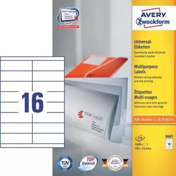 Een Avery Zweckform 3665, Universele etiketten, Ultragrip, wit, 100 vel, 16 per vel, 105 x 33,8 mm koop je bij ShopXPress