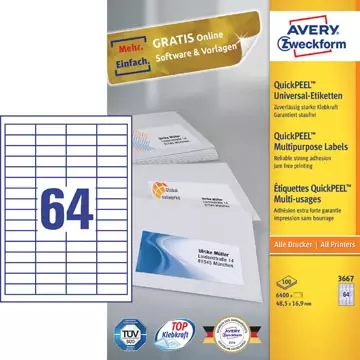 Een Avery Zweckform 3667, Universele etiketten, Ultragrip, wit, 100 vel, 64 per vel, 48,5 x 16,9 mm koop je bij ShopXPress