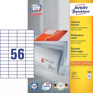 Een Avery Zweckform 3668, Universele etiketten, Ultragrip, wit, 100 vel, 56 per vel, 52,5 x 21,2 mm koop je bij ShopXPress