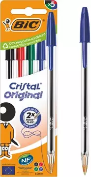 Een Bic Cristal balpen, medium, blister van 5 stuks: zwart, rood, groen en 2 x blauw koop je bij ShopXPress