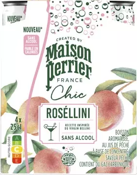 Een Maison Perrier mocktail Roséllini, perzik, blik van 25 cl, pak van 4 stuks koop je bij ShopXPress