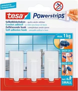 Een Tesa zelfklevende haken Powerstrips, draagkracht 1 kg, wit, blister van 4 strips en 3 haken koop je bij ShopXPress