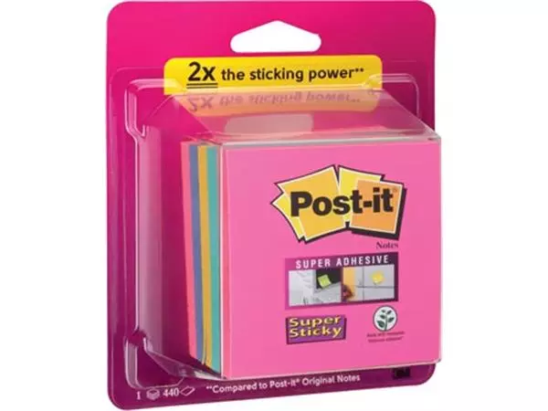 Een Post-it Super Sticky Notes kubus, 440 vel, ft 76 x 76 mm, geassorteerde regenboogkleuren koop je bij Supplierz BV