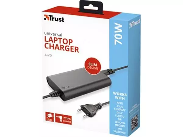 Vous pouvez acheter un Trust Simo chargeur d'ordinateur portable universel ultra fin, 70 W chez Supplierz BV