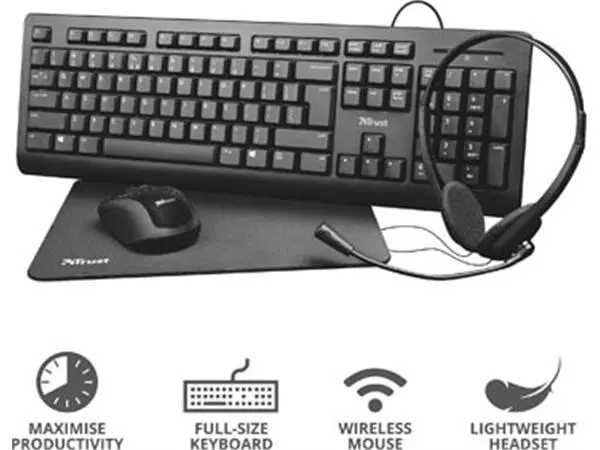 Een Trust Primo 4-in-1 Home Office Set met headset, toetsenbord (qwerty), muis en muismat koop je bij ShopXPress