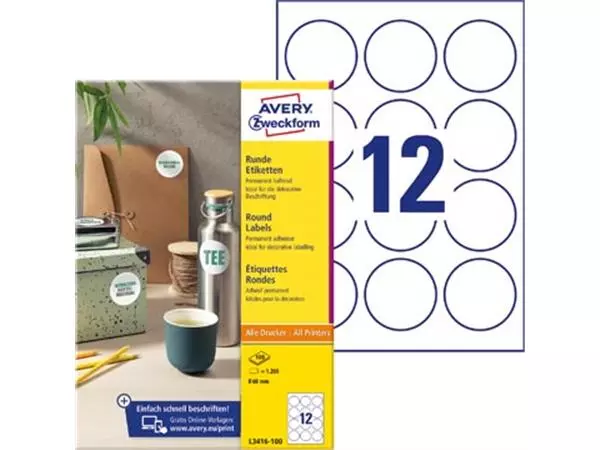 Een Avery Zweckform ronde etiketten, diameter 60 mm, wit, permanent klevend, 120 etiketten, 10 vellen koop je bij ShopXPress