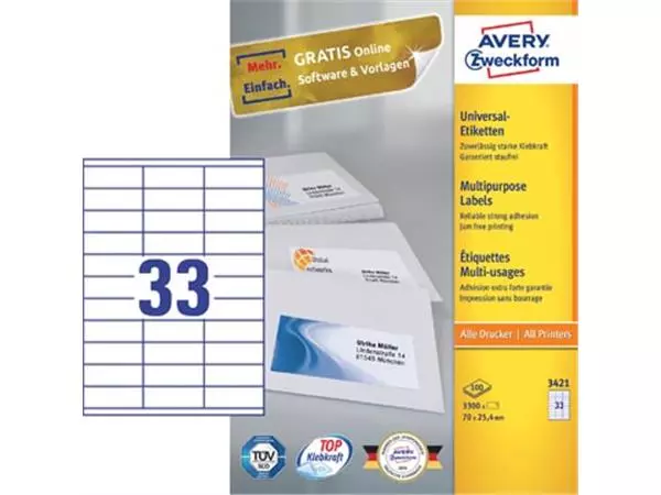 Een Avery Zweckform 3421, Universele etiketten, Ultragrip, wit, 100 vel, 33 per vel, 70 x 25,4 mm koop je bij ShopXPress