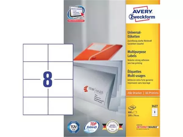 Vous pouvez acheter un Avery Zweckform 3427, étiquettes universelles, Ultragrip, blanc, 100 feuilles, 105 x 74 mm chez Supplierz BV