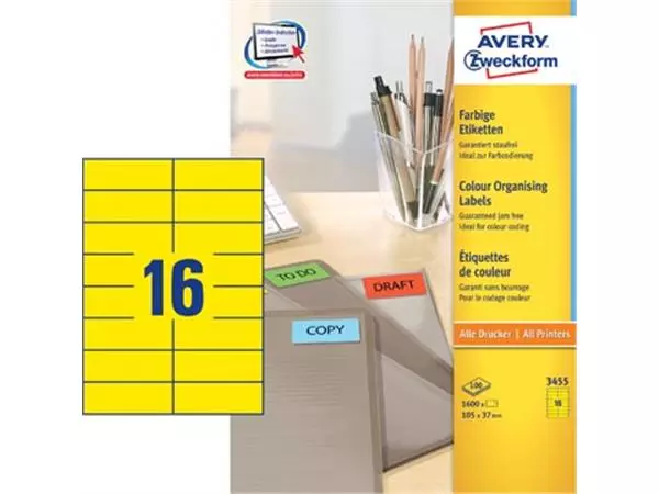 Een Avery gekleurde universele etiketten ft 105 x 37 mm (b x h), 1600 stuks, geel koop je bij ShopXPress