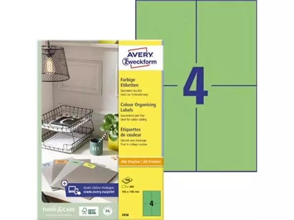 Een Avery gekleurde universele etiketten ft 105 x 148 mm (b x h), 400 stuks, groen koop je bij Supplierz BV