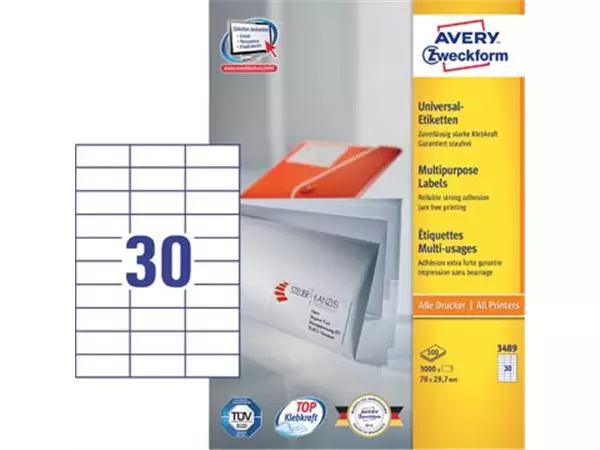 Buy your Avery Zweckform 3489, Universele etiketten, Ultragrip, wit, 100 vel, 30 per vel, 70 x 29,7 mm at Supplierz BV