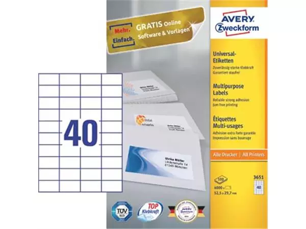 Een Avery Zweckform 3651, Universele etiketten , Ultragrip, wit, 100 vel, 40 per vel, 52,5 x 29,7 mm koop je bij ShopXPress