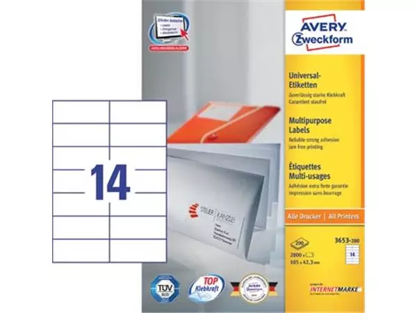 Vous pouvez acheter un Avery Zweckform 3653, étiquettes universelles, Ultragrip, blanc, 200 feuilles, 105 x 42,3 mm chez Supplierz BV