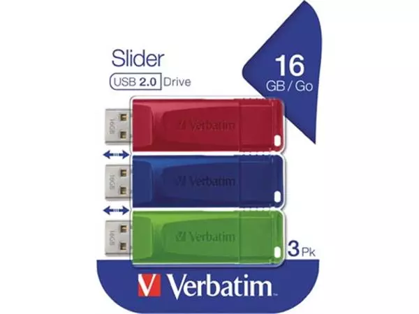 Een Verbatim USB 2.0 Slider USB stick, 16 GB, pak van 3 stuks koop je bij ShopXPress