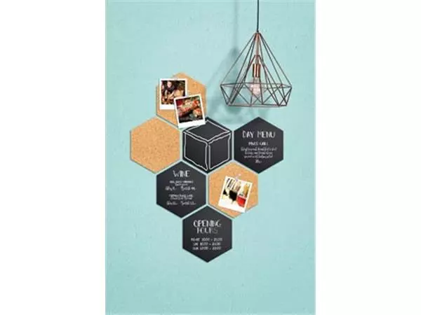 Een Securit Hexagon set van drie kurkborden, vier krijtborden en accessoires koop je bij ShopXPress