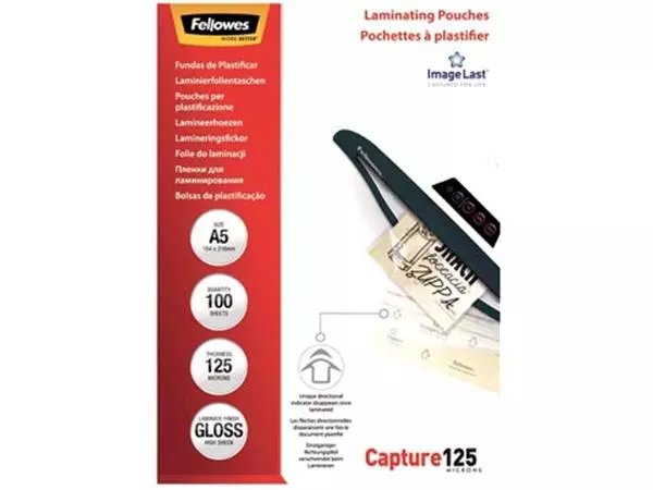 Een Fellowes lamineerhoes Capture125 ft A5, 250 micron (2 x 125 micron), pak van 100 stuks koop je bij ShopXPress