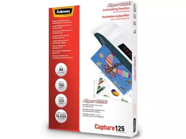 Een Fellowes lamineerhoes Capture125 Super Quick ft A4, 250 micron (2 x 125 micron), pak van 100 stuks koop je bij Supplierz BV