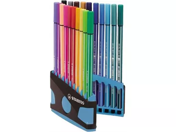 Een STABILO Pen 68 brush, ColorParade, blauw-grijze doos, 20 stuks in geassorteerde kleuren koop je bij ShopXPress