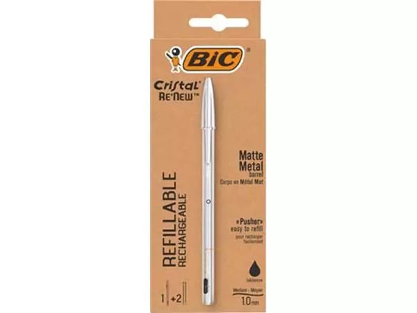 Buy your Bic balpen Cristal Re-new, zilveren lichaam, zwarte inkt, doos met 1 stuk en 2 navullingen at Supplierz BV