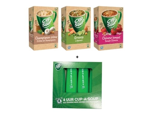 Een ACTIE CUP-A-SOUP: 1 x champignon crème + 1 x groenten + 1 x Chinese tomaat + GRATIS markeerstift, 4 stuks koop je bij ShopXPress