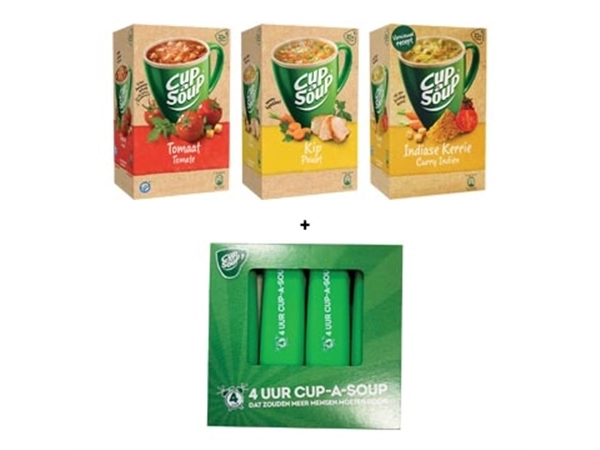 Een ACTIE CUP-A-SOUP: 1 x tomaat + 1 x kip + 1 x Indiase kerrie + GRATIS markeerstift, 4 stuks koop je bij ShopXPress