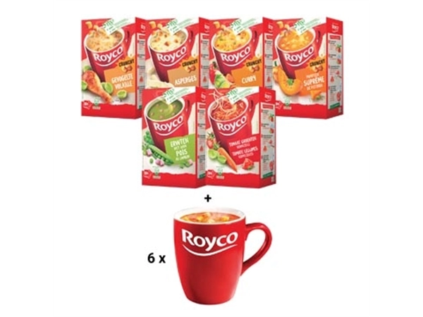 Een ACTIE Royco: pompoen + erwt-ham + tomaat gr. vermicelli + gevogelte + asperges + curry + GRATIS 6 mokken koop je bij ShopXPress