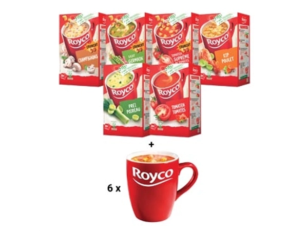 Een ACTIE Royco: prei + tomaat + champignon + st-Germain + tomaat croutons + kip + GRATIS 6 mokken koop je bij ShopXPress