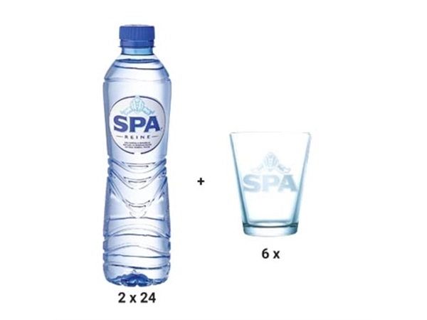 Een ACTIE SPA: 2x Spa Reine water 50 cl, 24 stuks (ref. 10775) + GRATIS 1x Spa glas, 6 stuks (ref. SPAGLAS) koop je bij ShopXPress