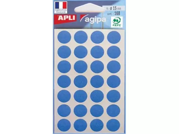 Een Agipa ronde etiketten in etui diameter 15 mm, blauw, 168 stuks, 28 per blad koop je bij ShopXPress