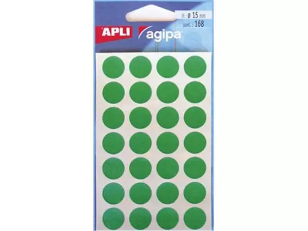 Een Agipa ronde etiketten in etui diameter 15 mm, groen, 168 stuks, 28 per blad koop je bij ShopXPress