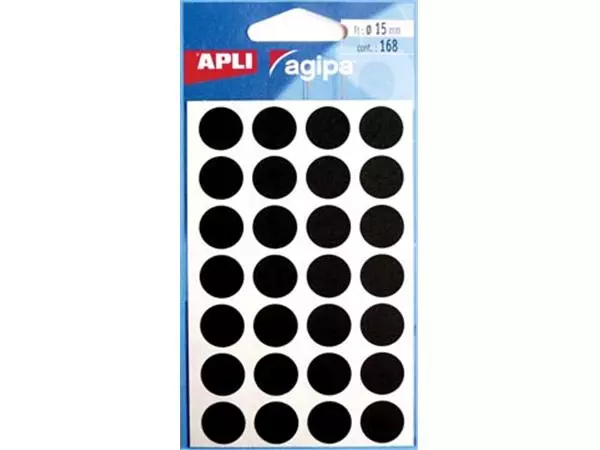 Een Agipa ronde etiketten in etui diameter 15 mm, zwart, 168 stuks, 28 per blad koop je bij ShopXPress