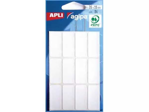Een Agipa witte etiketten in etui ft 15 x 35 mm (b x h), 84 stuks, 12 per blad koop je bij ShopXPress