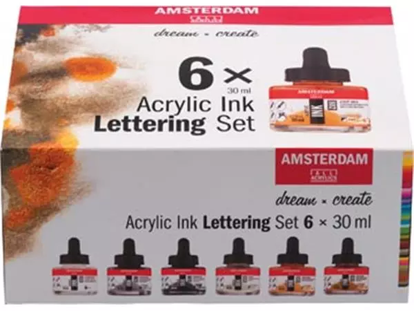 Een Amsterdam acryl inkt Lettering, set met 6 flacons van 30 ml, assorti koop je bij ShopXPress