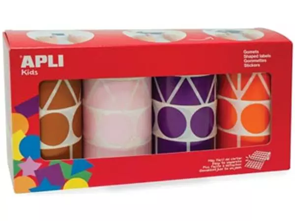 Een Apli Kids stickers XL, doos met 4 rollen in 4 kleuren en 4 vormen (bruin, roze, paars en oranje) koop je bij ShopXPress