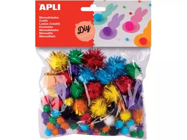 Een Apli pompons, zakje met 78 stuks in geassorteerde glitter kleuren koop je bij ShopXPress