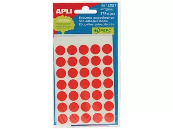 Een Apli ronde etiketten in etui diameter 13 mm, rood, 175 stuks, 35 per blad (2057) koop je bij ShopXPress