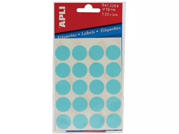 Een Apli ronde etiketten in etui diameter 19 mm, blauw, 100 stuks, 20 per blad (2064) koop je bij ShopXPress