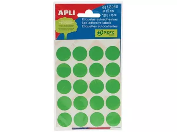 Een Apli ronde etiketten in etui diameter 19 mm, groen, 100 stuks, 20 per blad (2066) koop je bij ShopXPress