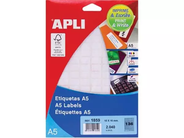 Een Apli witte etiketten Print & Write ft 10 x 16 mm (b x h), 2.040 stuks, 136 per blad (1859) koop je bij ShopXPress