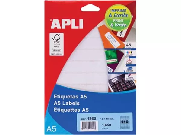 Een Apli witte etiketten Print & Write ft 12 x 18 mm (b x h), 1.650 stuks, 110 per blad (1860) koop je bij ShopXPress