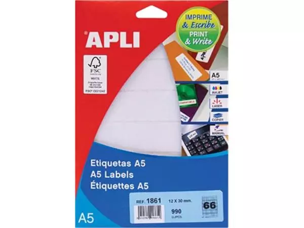 Een Apli witte etiketten Print & Write ft 12 x 30 mm (b x h), 990 stuks, 66 per blad (1861) koop je bij ShopXPress