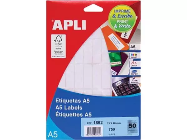 Een Apli witte etiketten Print & Write ft 13 x 40 mm (b x h), 750 stuks, 50 per blad (1862) koop je bij ShopXPress