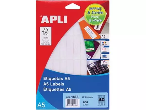 Een Apli witte etiketten Print & Write ft 13 x 50 mm (b x h), 600 stuks, 40 per blad (1863) koop je bij ShopXPress