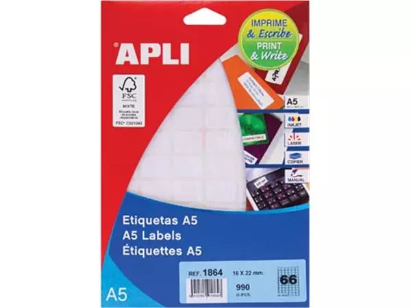 Een Apli witte etiketten Print & Write ft 16 x 22 mm (b x h), 990 stuks, 66 per blad (1864) koop je bij ShopXPress