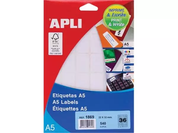 Een Apli witte etiketten Print & Write ft 22 x 32 mm (b x h), 540 stuks, 36 per blad (1869) koop je bij ShopXPress