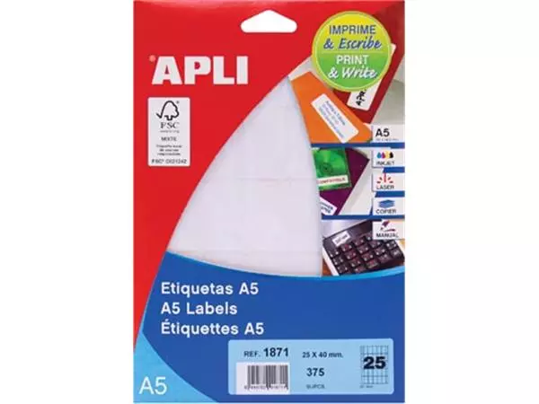 Een Apli witte etiketten Print & Write ft 25 x 40 mm (b x h), 375 stuks, 25 per blad (1871) koop je bij ShopXPress