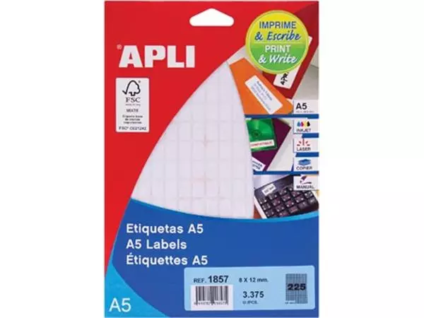 Een Apli witte etiketten Print & Write ft 8 x 12 mm (b x h), 3.375 stuks, 225 per blad (1857) koop je bij ShopXPress